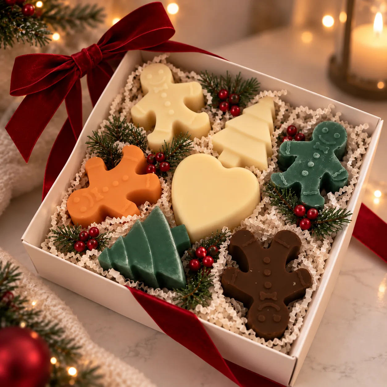 Holiday gift box of gingerbread-person, tree and heart-shaped soaps with a red ribbon
