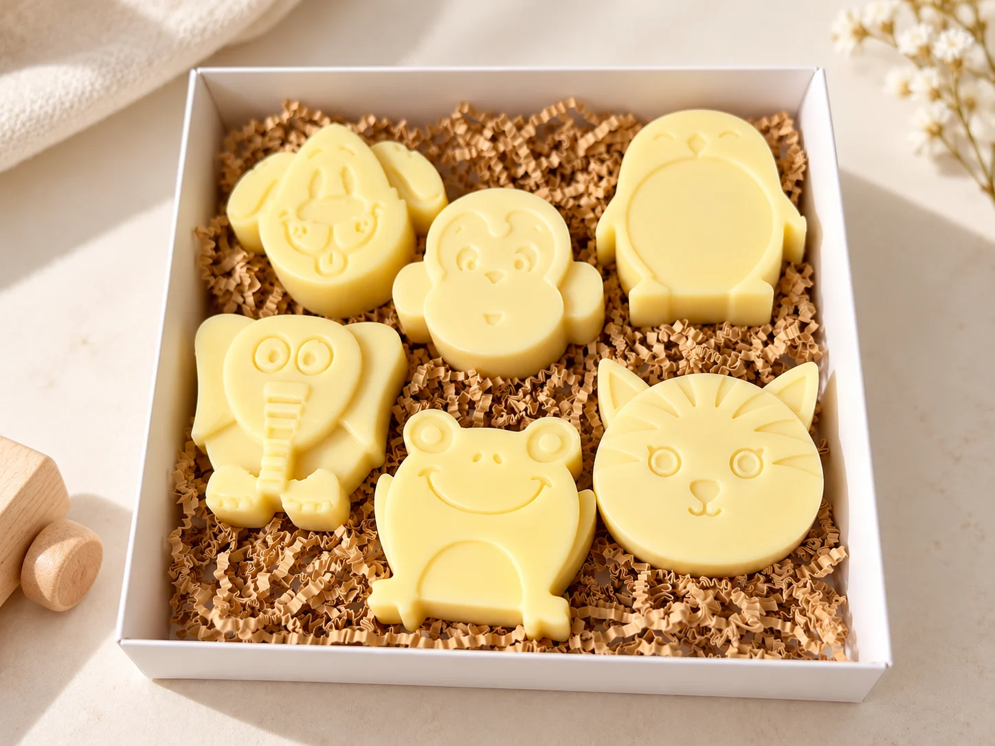 Gift box of animal-shaped soaps: dog, monkey, penguin, elephant, frog and cat