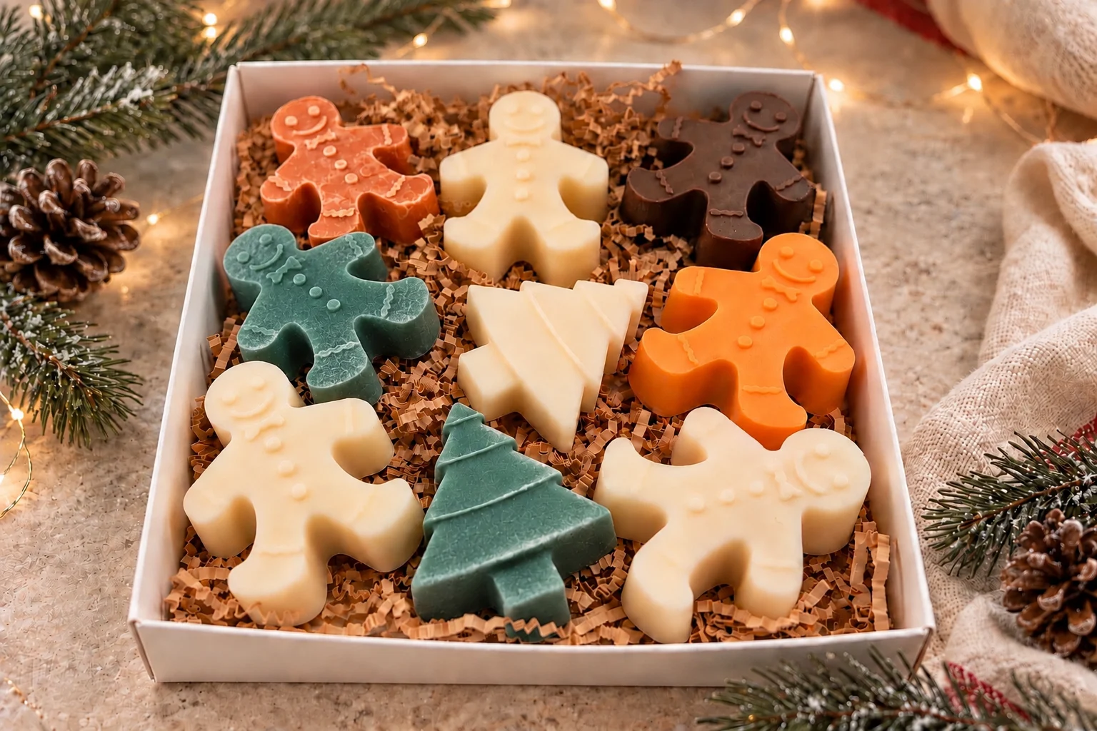 Assortment of gingerbread-person and tree-shaped holiday soaps