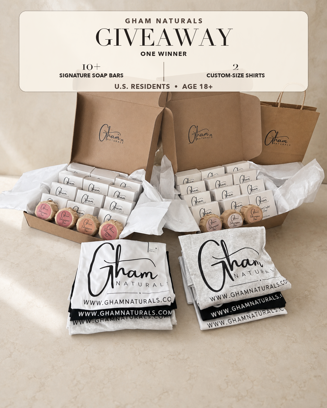 The GHAM Naturals giveaway prize: two boxes of Signature Soap Bars, a branded bag and folded GHAM Naturals shirts in white, black and grey.