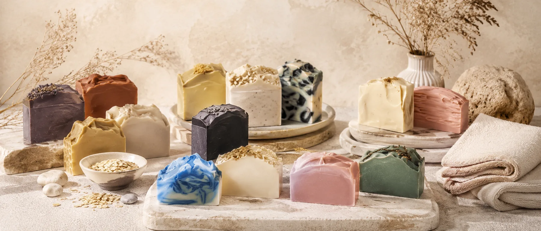 GHAM Naturals bars resting together on stone trays in a calm studio setting