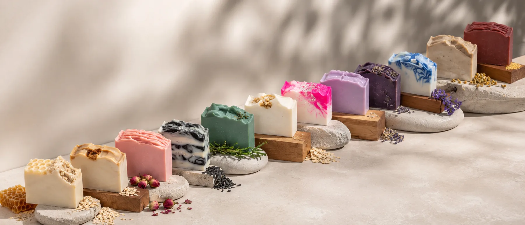 GHAM Naturals soap bars arranged in a premium product lineup on stone and wood risers