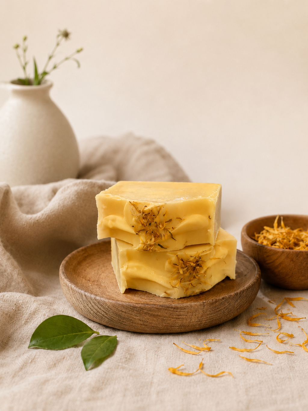 Golden Calendula Face + Body Bar stacked on a wooden bowl with calendula petals